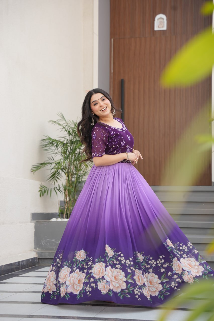 Lavender Faux Blooming With Beads Embroidered Work And Rich Floral Pedding Digital Print Gown