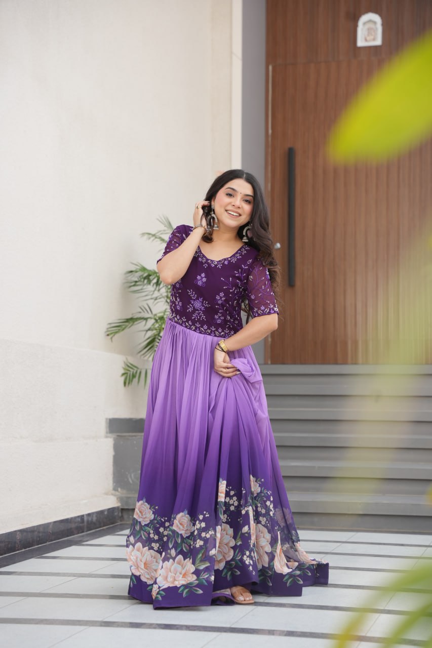 Lavender Faux Blooming With Beads Embroidered Work And Rich Floral Pedding Digital Print Gown