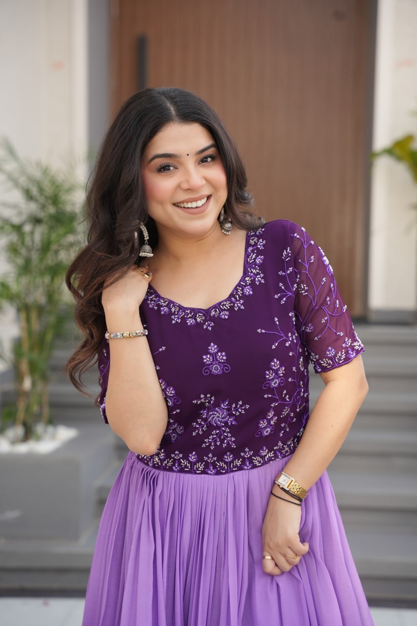 Lavender Faux Blooming With Beads Embroidered Work And Rich Floral Pedding Digital Print Gown