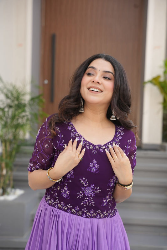 Lavender Faux Blooming With Beads Embroidered Work And Rich Floral Pedding Digital Print Gown