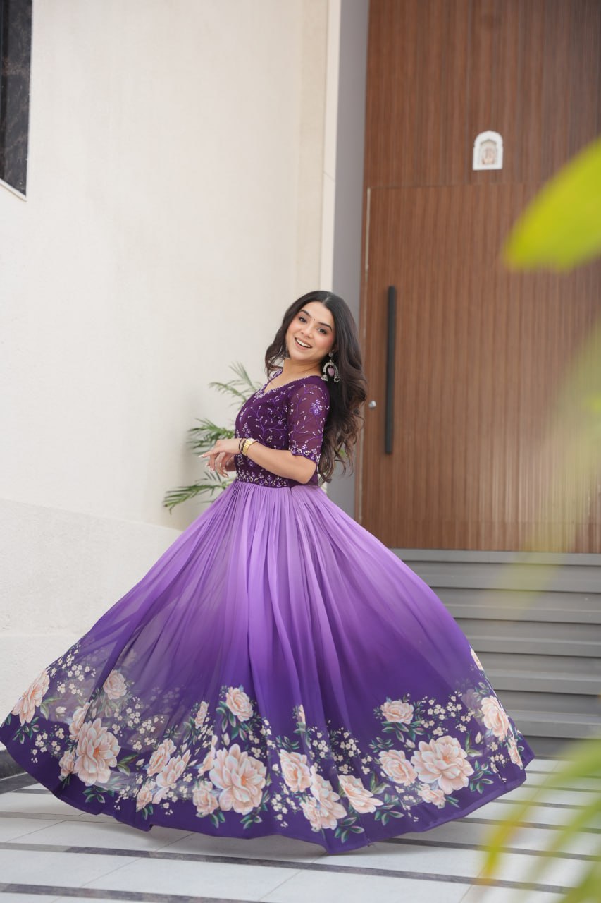 Lavender Faux Blooming With Beads Embroidered Work And Rich Floral Pedding Digital Print Gown