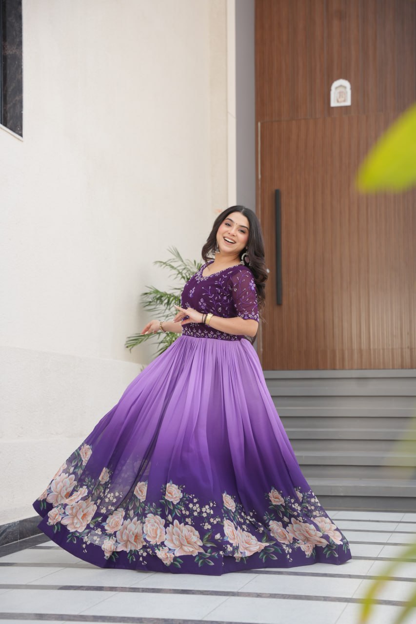 Lavender Faux Blooming With Beads Embroidered Work And Rich Floral Pedding Digital Print Gown