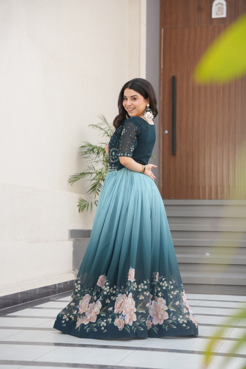 Rama Faux Blooming With Beads Embroidered Work And Rich Floral Pedding Digital Print Gown