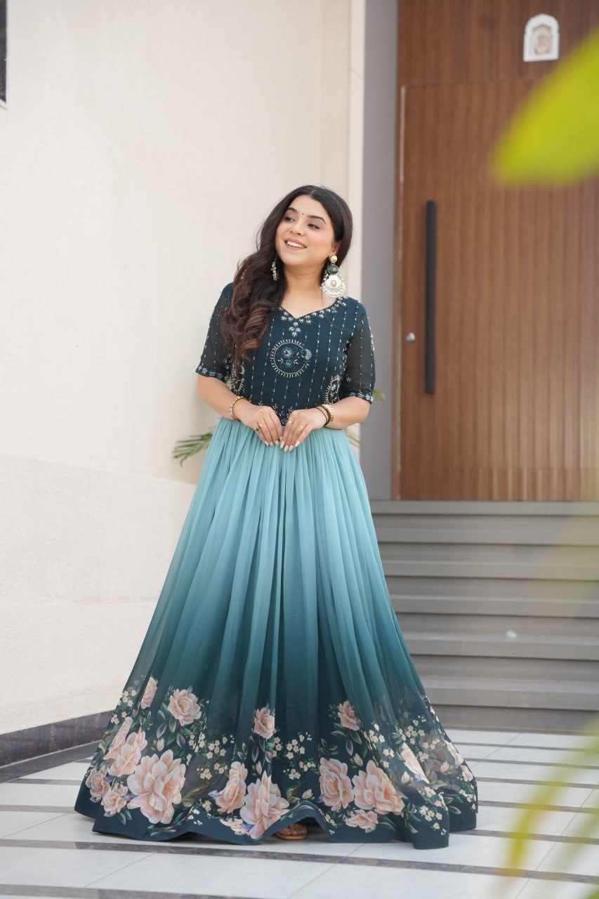 Rama Faux Blooming With Beads Embroidered Work And Rich Floral Pedding Digital Print Gown