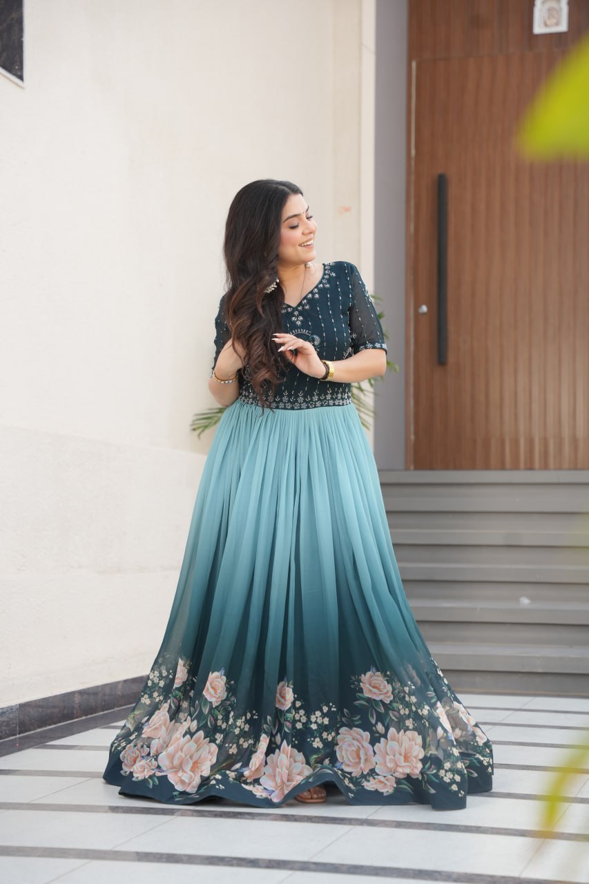 Rama Faux Blooming With Beads Embroidered Work And Rich Floral Pedding Digital Print Gown
