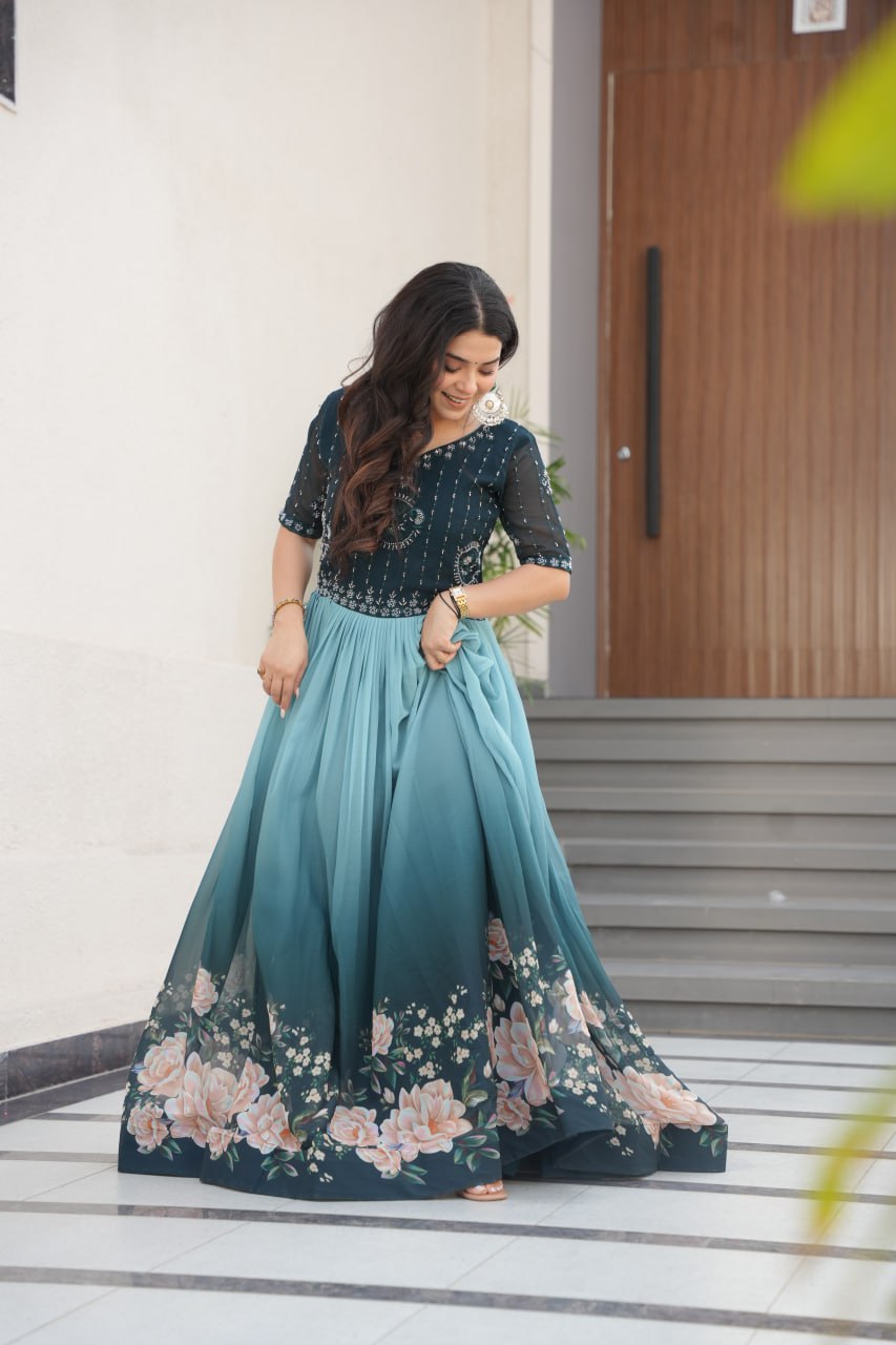 Rama Faux Blooming With Beads Embroidered Work And Rich Floral Pedding Digital Print Gown