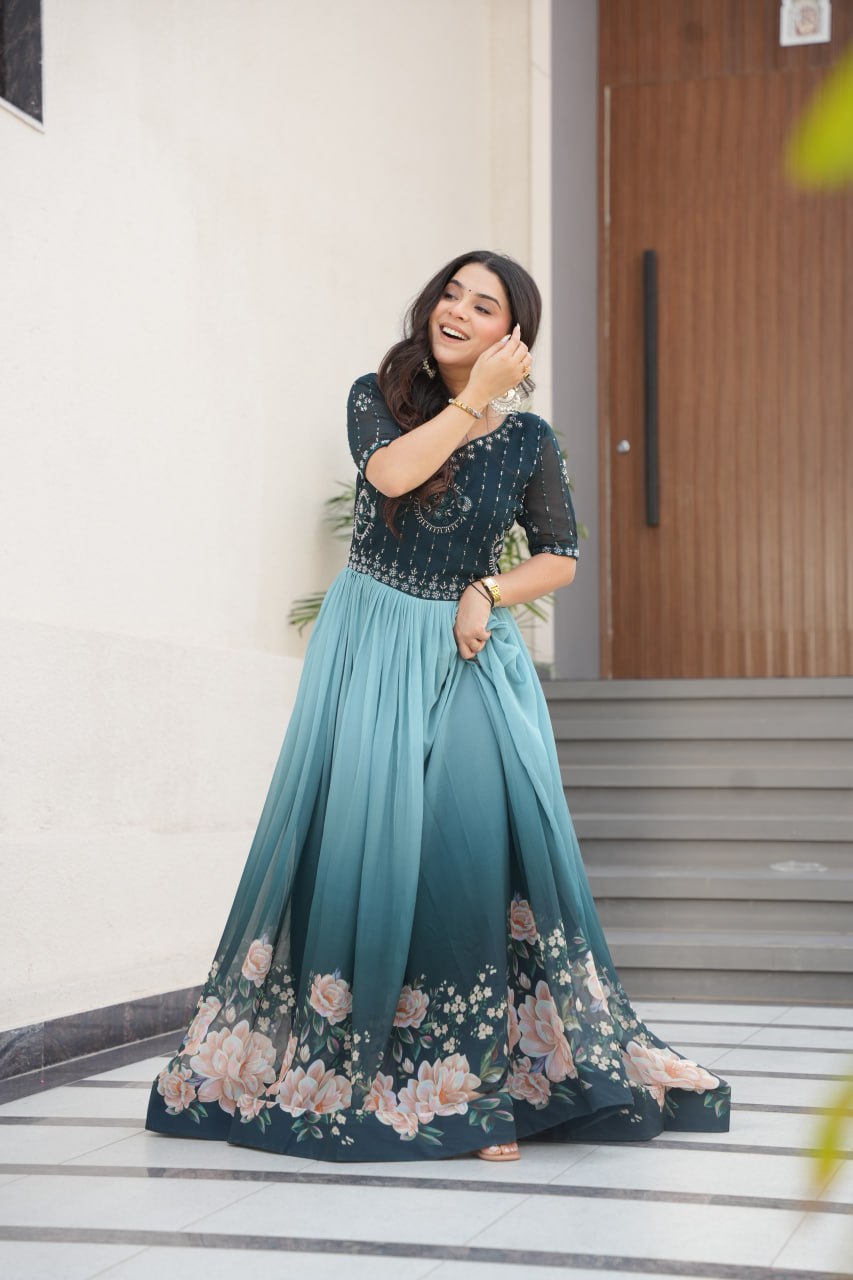 Rama Faux Blooming With Beads Embroidered Work And Rich Floral Pedding Digital Print Gown
