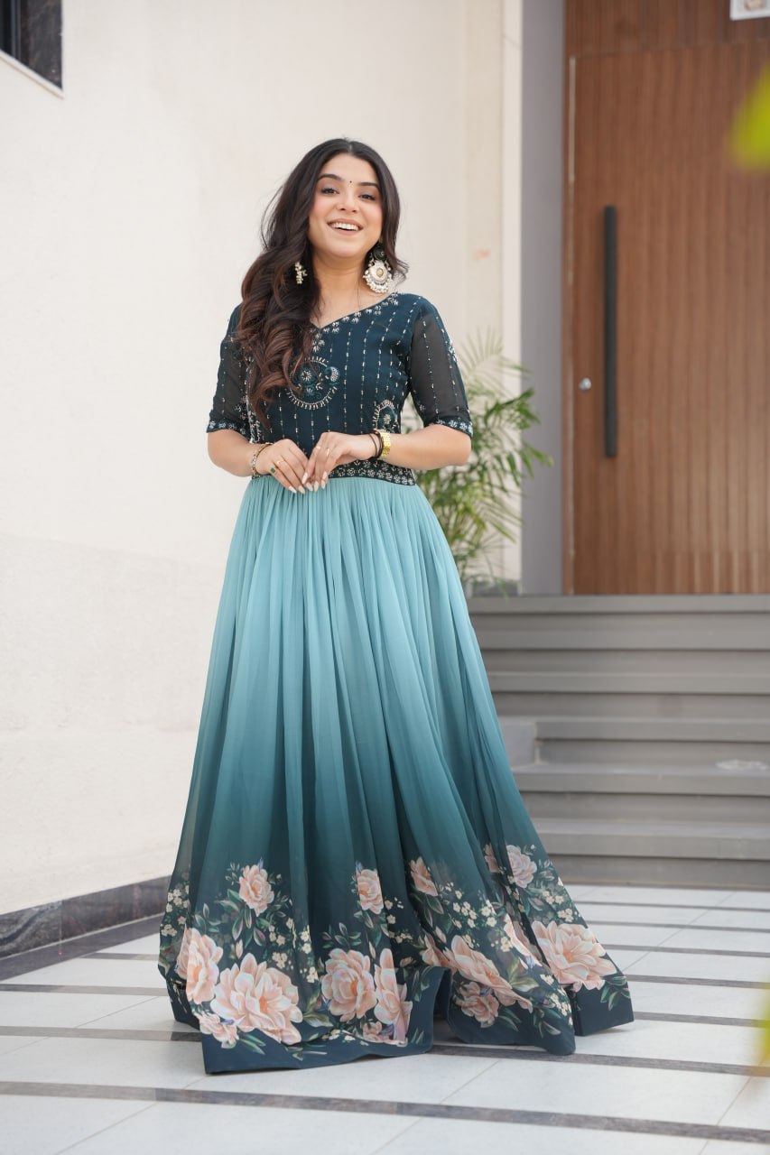 Rama Faux Blooming With Beads Embroidered Work And Rich Floral Pedding Digital Print Gown