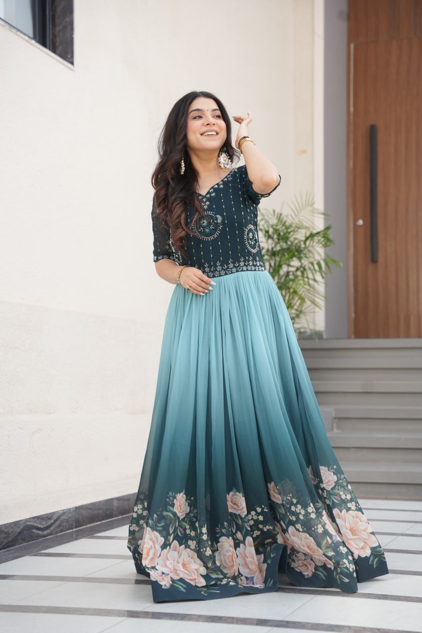 Rama Faux Blooming With Beads Embroidered Work And Rich Floral Pedding Digital Print Gown