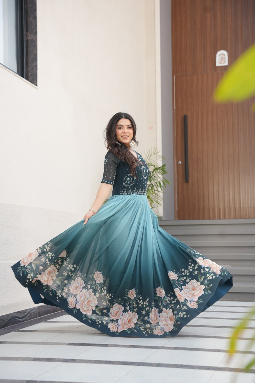 Rama Faux Blooming With Beads Embroidered Work And Rich Floral Pedding Digital Print Gown
