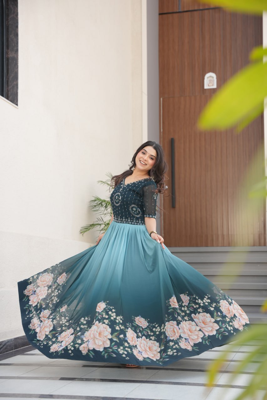 Rama Faux Blooming With Beads Embroidered Work And Rich Floral Pedding Digital Print Gown