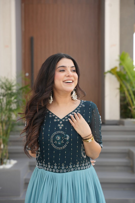 Rama Faux Blooming With Beads Embroidered Work And Rich Floral Pedding Digital Print Gown