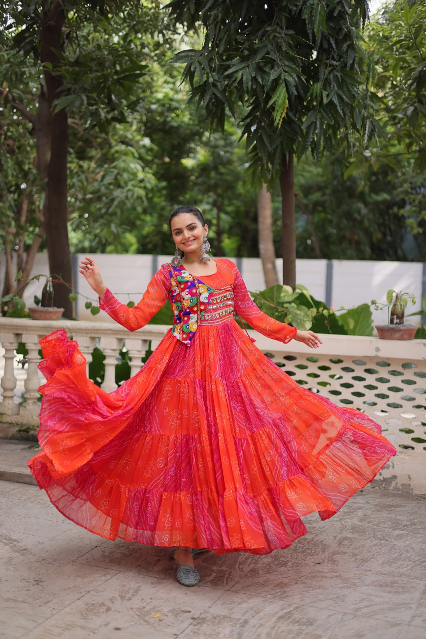Orange Faux Georgette Laheriya Bandhej Print Navratri Gown