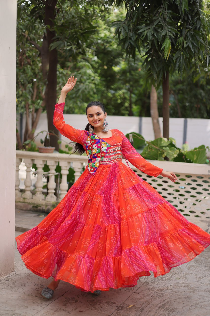 Orange Faux Georgette Laheriya Bandhej Print Navratri Gown