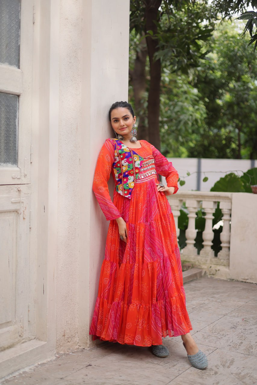 Orange Faux Georgette Laheriya Bandhej Print Navratri Gown