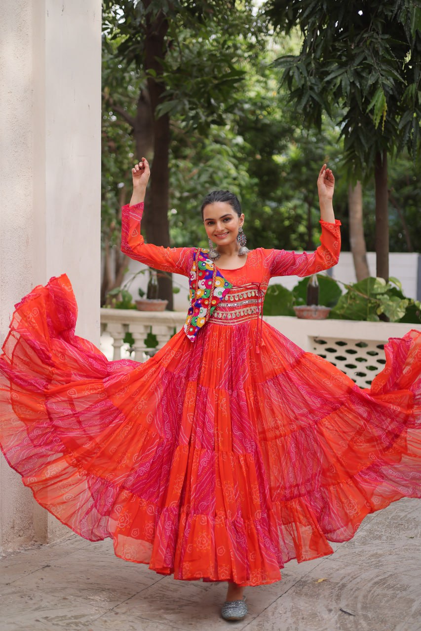 Orange Faux Georgette Laheriya Bandhej Print Navratri Gown