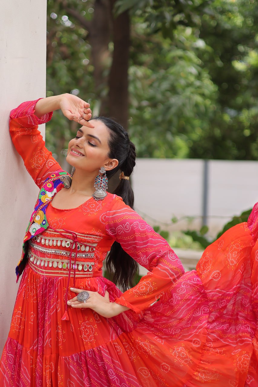 Orange Faux Georgette Laheriya Bandhej Print Navratri Gown