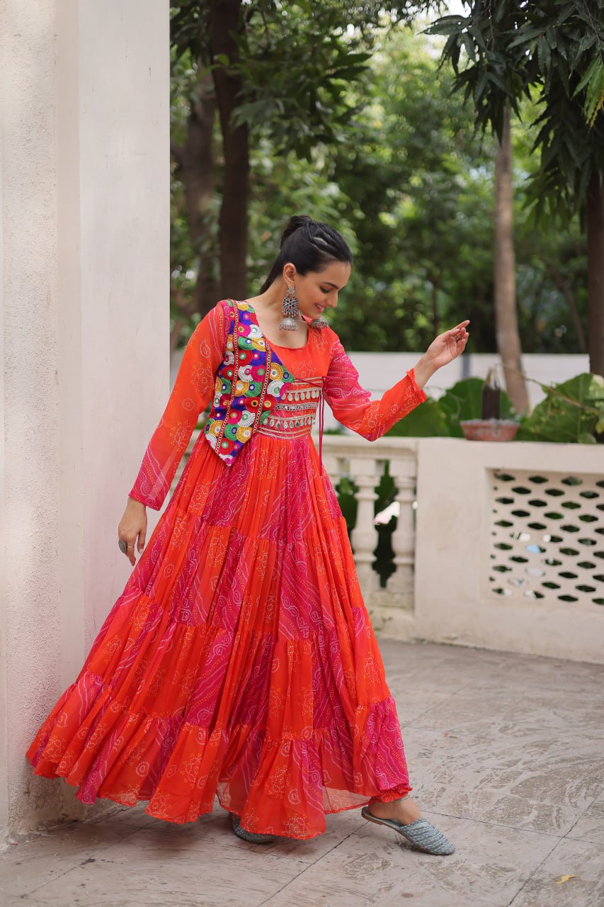 Orange Faux Georgette Laheriya Bandhej Print Navratri Gown