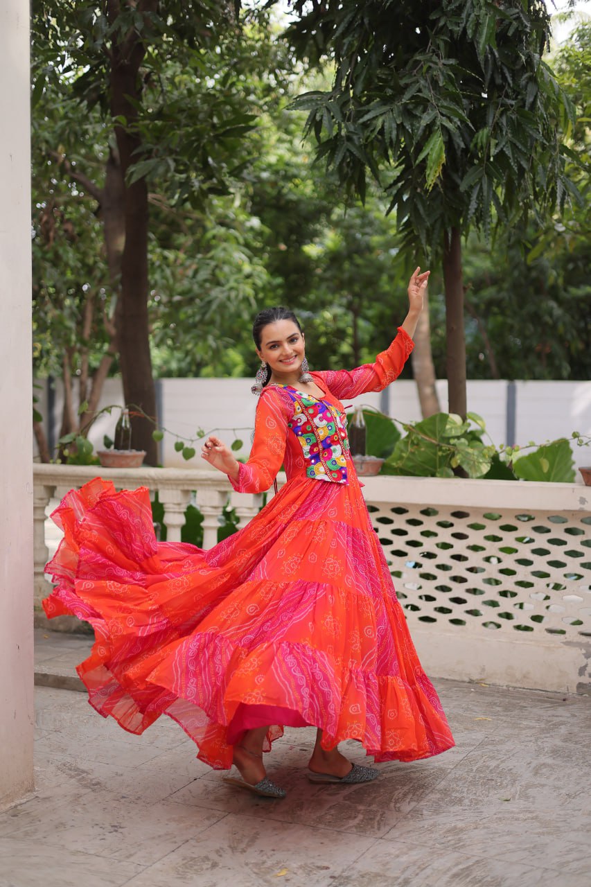 Orange Faux Georgette Laheriya Bandhej Print Navratri Gown