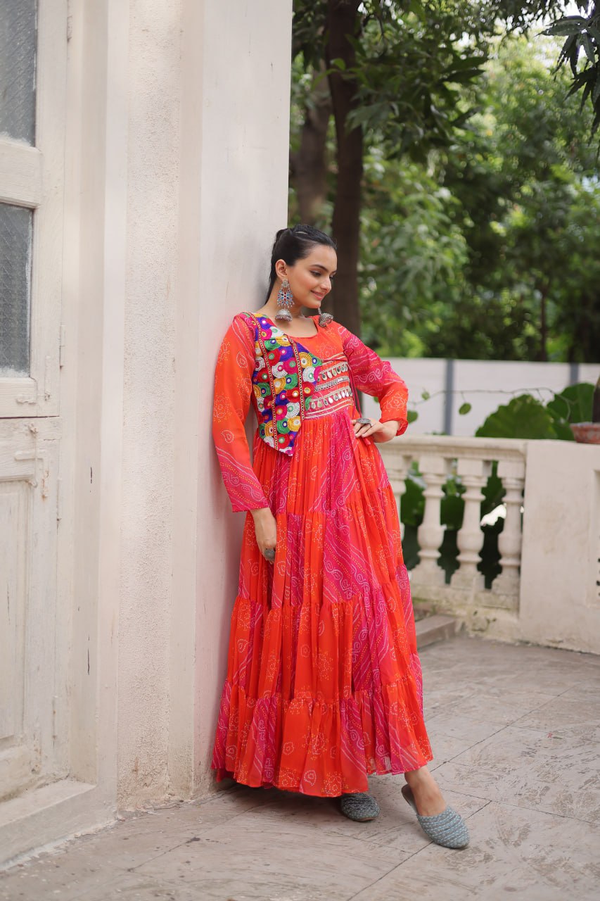 Orange Faux Georgette Laheriya Bandhej Print Navratri Gown