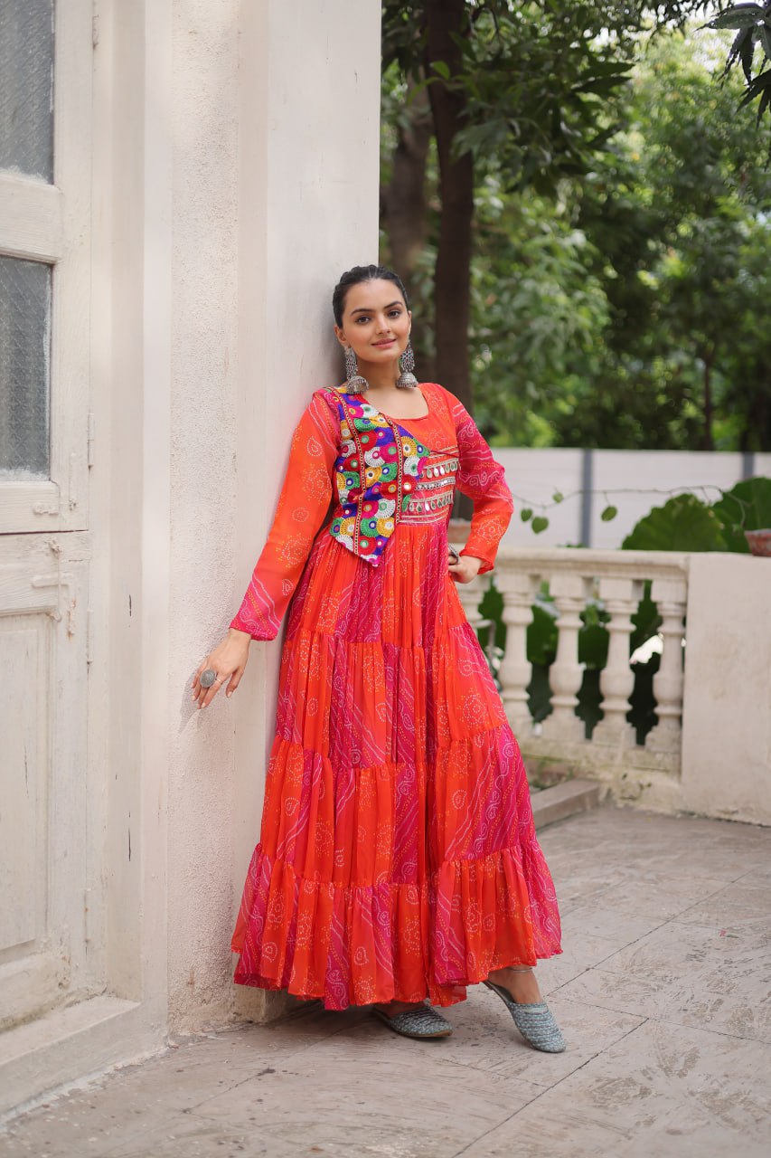 Orange Faux Georgette Laheriya Bandhej Print Navratri Gown