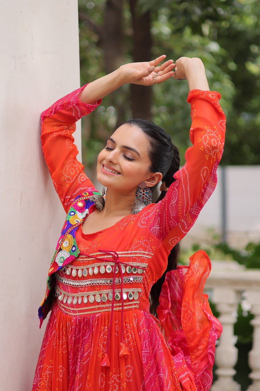 Orange Faux Georgette Laheriya Bandhej Print Navratri Gown