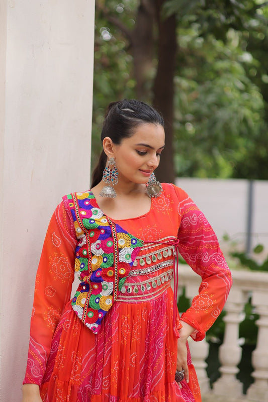 Orange Faux Georgette Laheriya Bandhej Print Navratri Gown