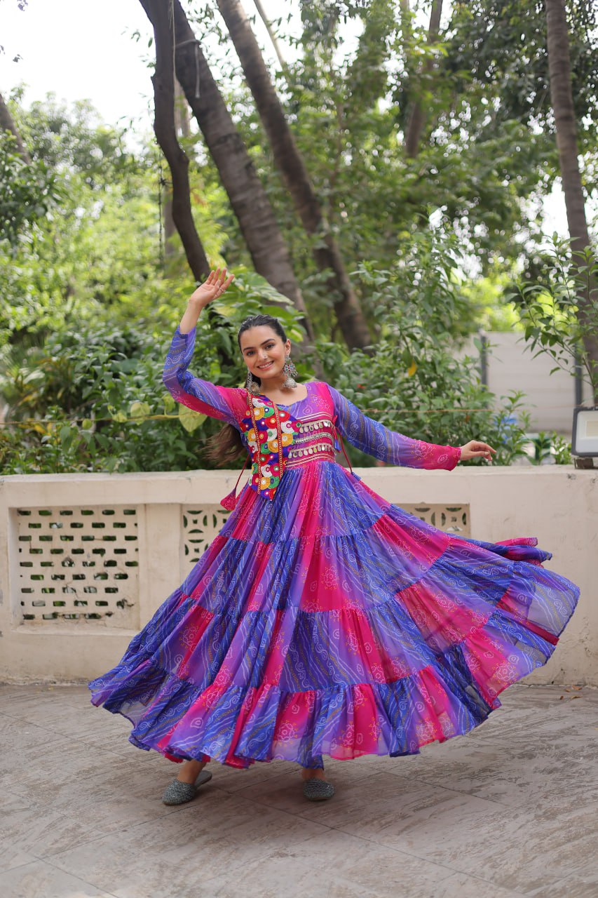 Purple Faux Georgette Laheriya Bandhej Print Navratri Gown