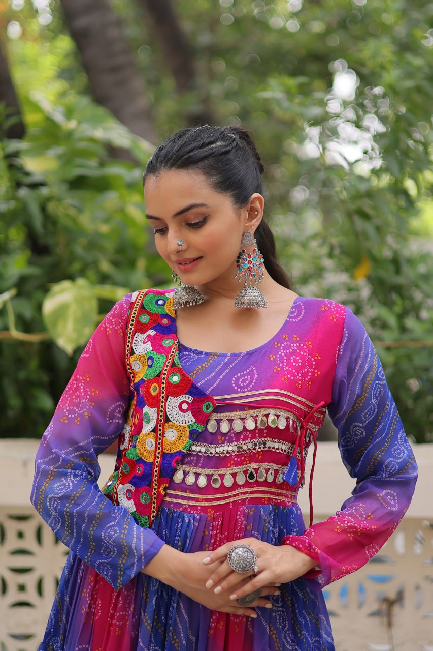 Purple Faux Georgette Laheriya Bandhej Print Navratri Gown