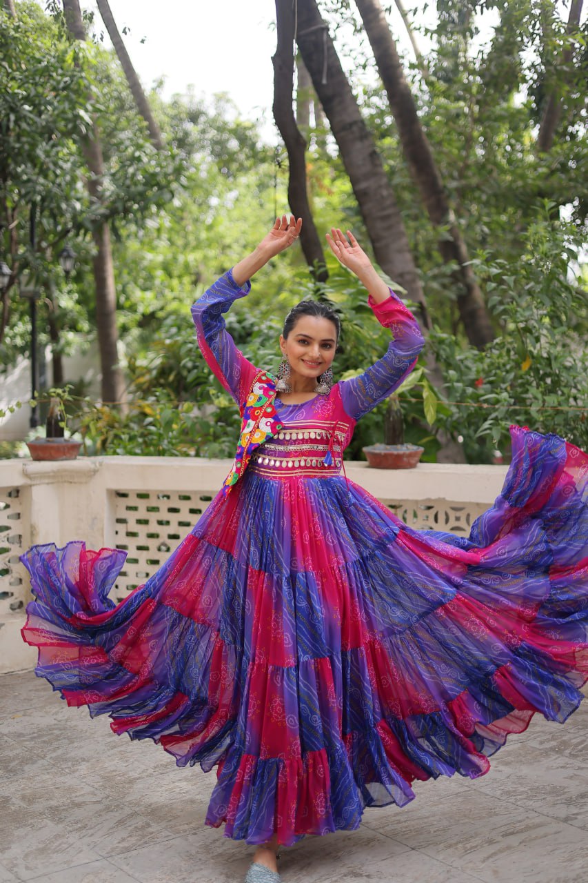 Purple Faux Georgette Laheriya Bandhej Print Navratri Gown