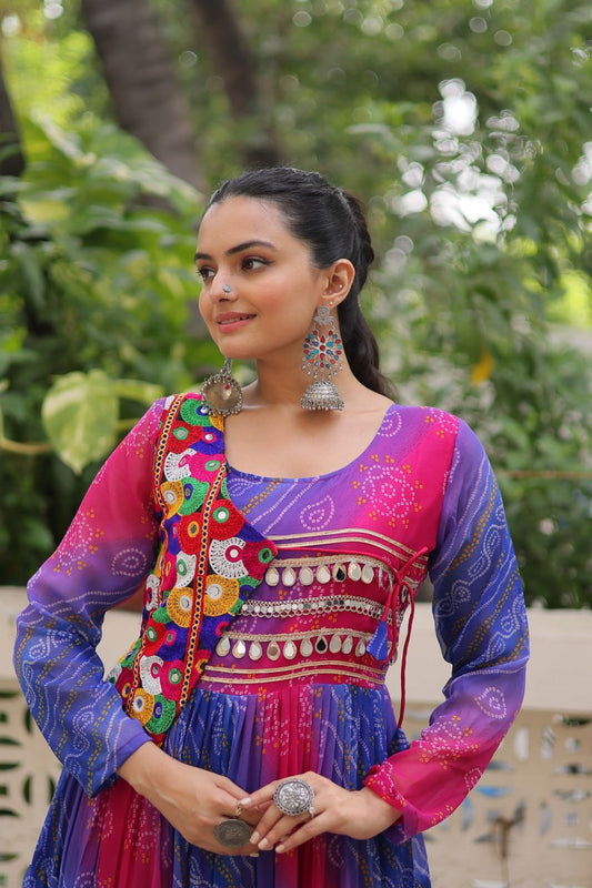 Purple Faux Georgette Laheriya Bandhej Print Navratri Gown