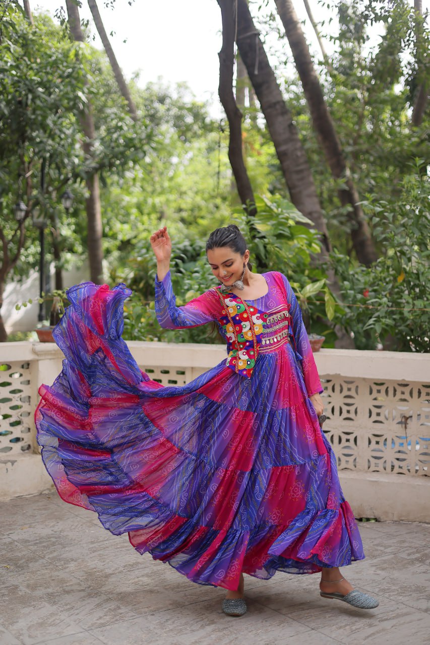 Purple Faux Georgette Laheriya Bandhej Print Navratri Gown