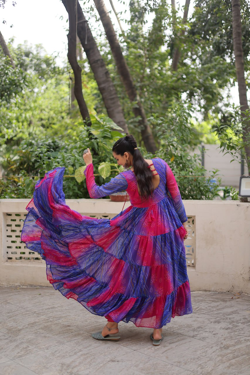Purple Faux Georgette Laheriya Bandhej Print Navratri Gown