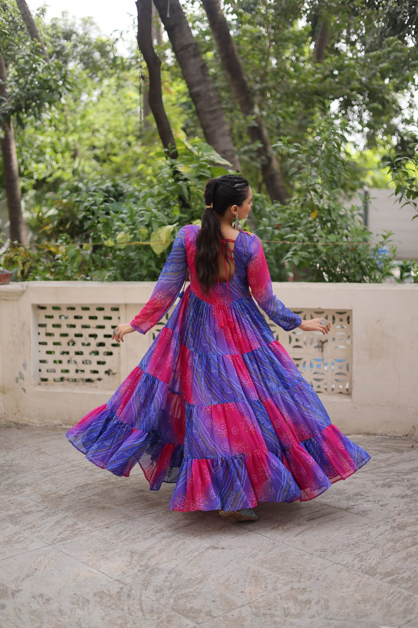 Purple Faux Georgette Laheriya Bandhej Print Navratri Gown