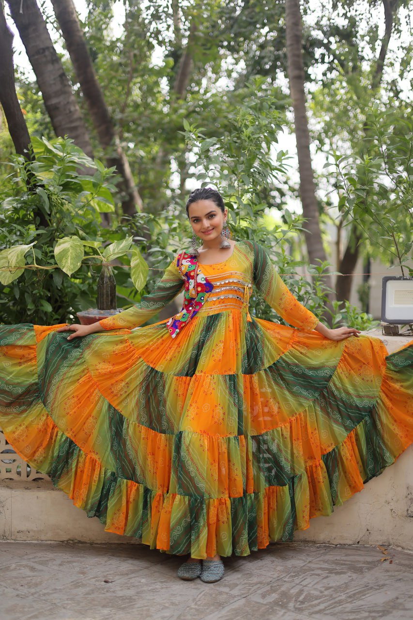 Green Faux Georgette Laheriya Bandhej Print Navratri Gown