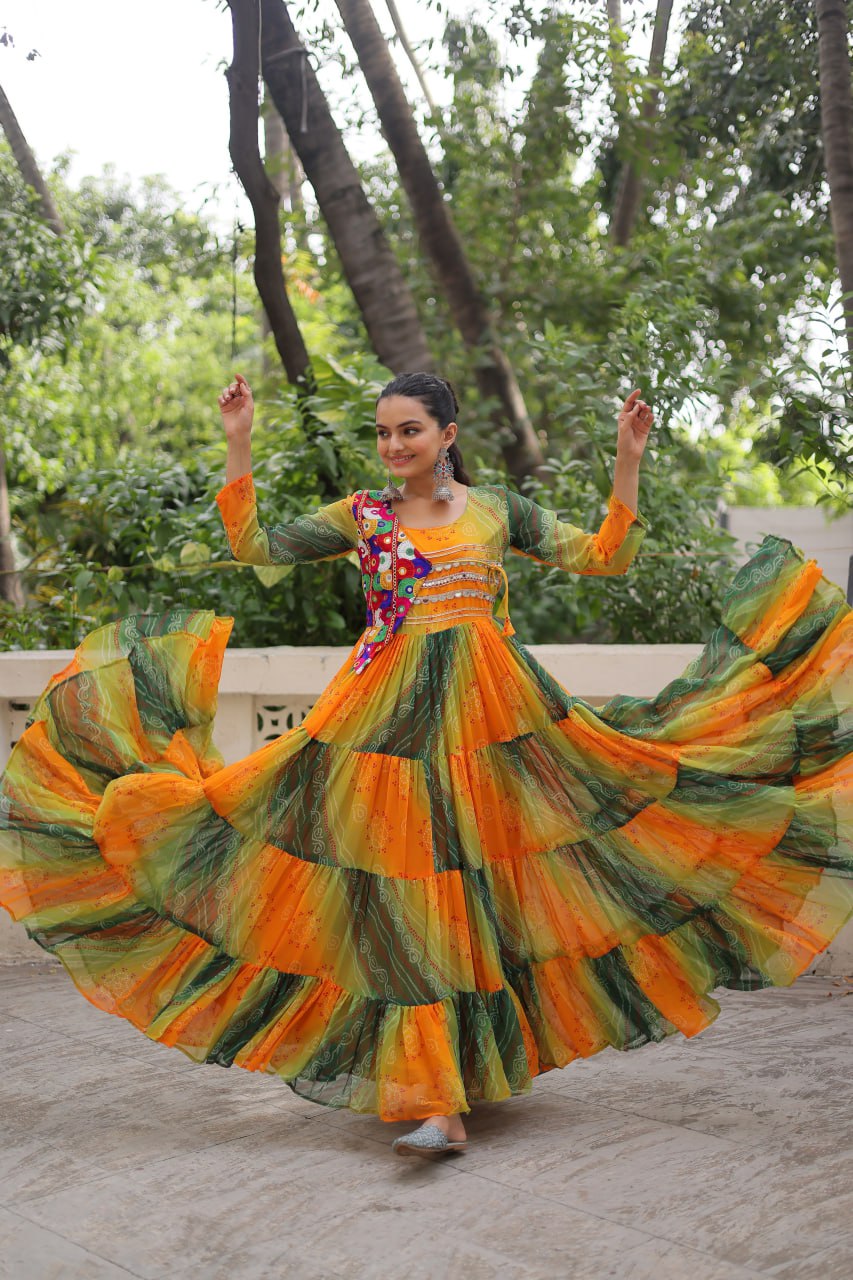Green Faux Georgette Laheriya Bandhej Print Navratri Gown