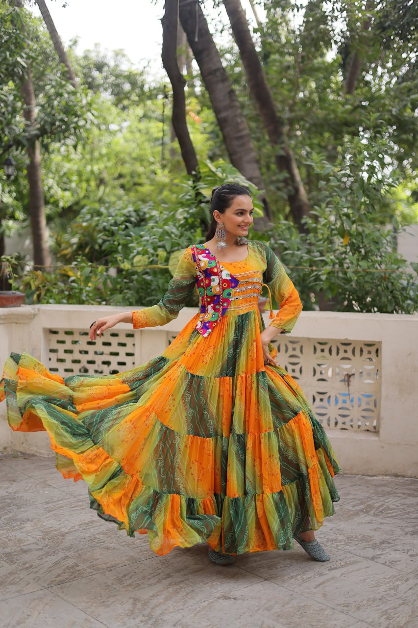Green Faux Georgette Laheriya Bandhej Print Navratri Gown