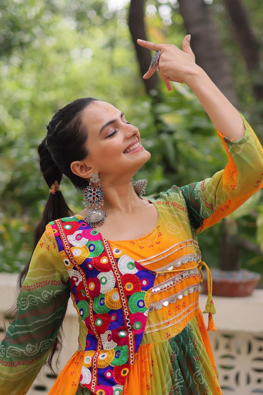 Green Faux Georgette Laheriya Bandhej Print Navratri Gown