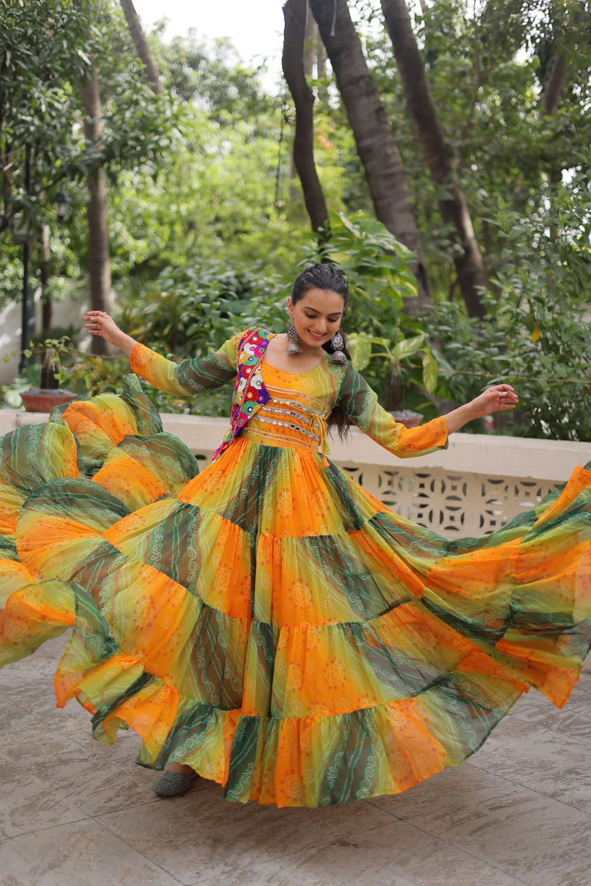 Green Faux Georgette Laheriya Bandhej Print Navratri Gown