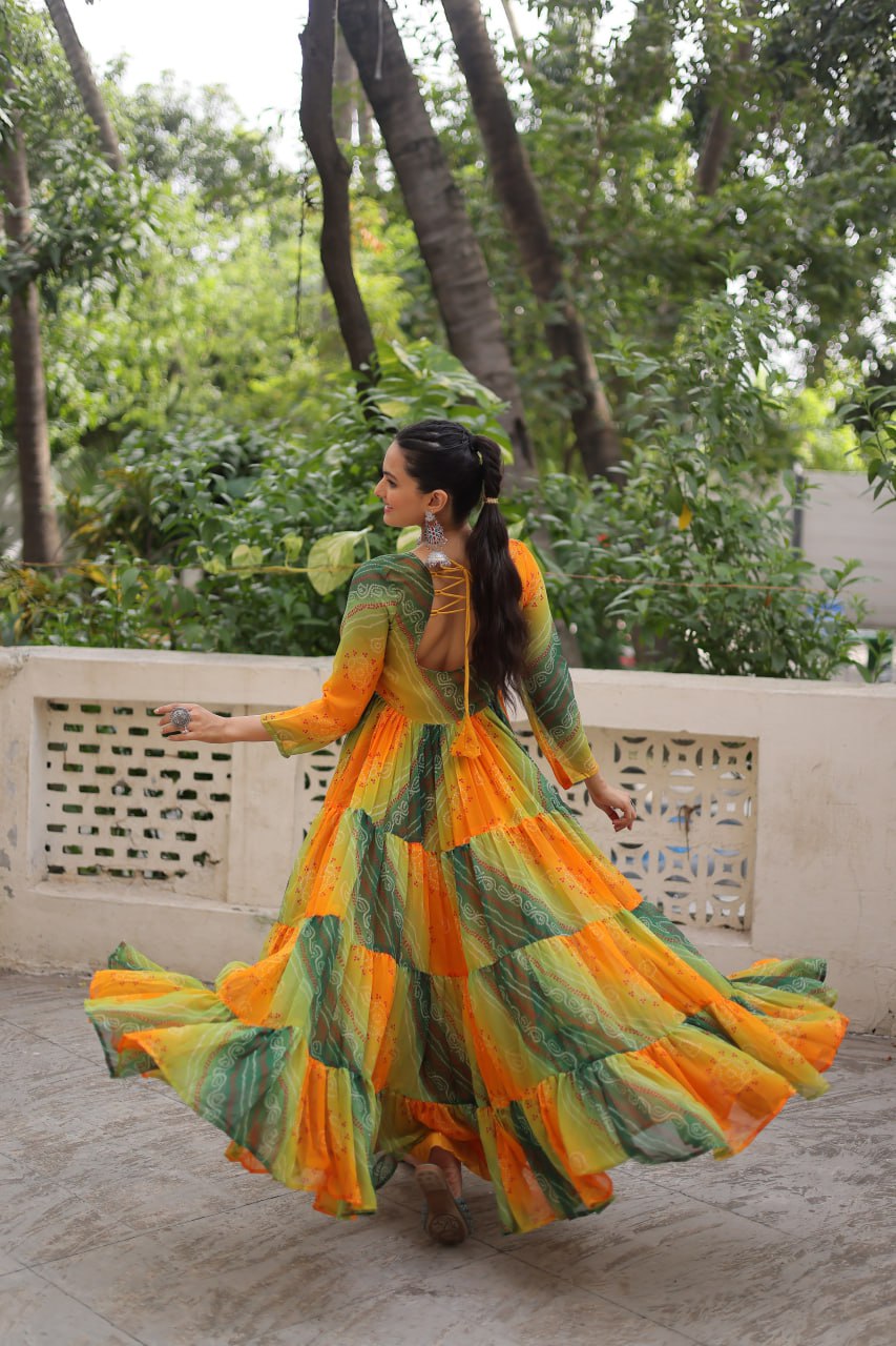 Green Faux Georgette Laheriya Bandhej Print Navratri Gown
