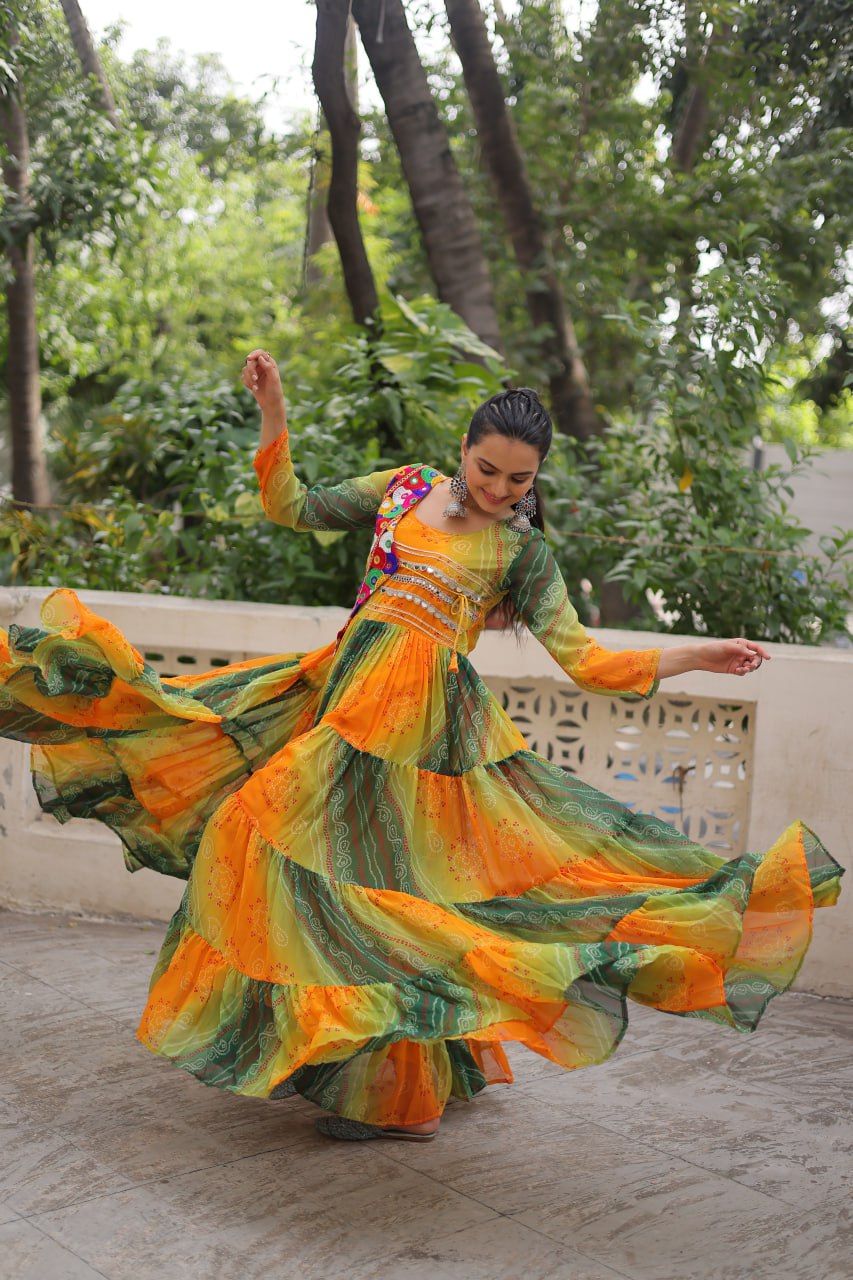 Green Faux Georgette Laheriya Bandhej Print Navratri Gown