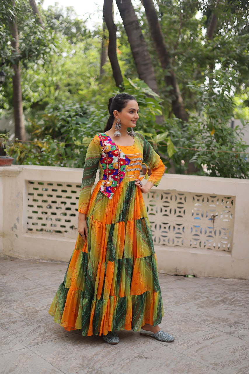 Green Faux Georgette Laheriya Bandhej Print Navratri Gown