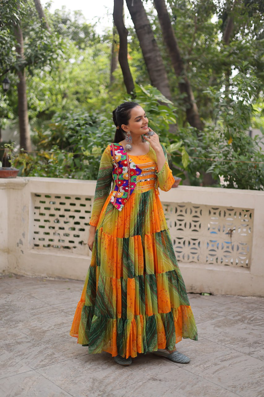 Green Faux Georgette Laheriya Bandhej Print Navratri Gown
