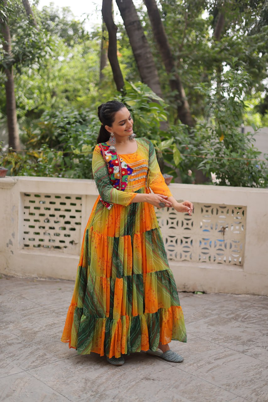 Green Faux Georgette Laheriya Bandhej Print Navratri Gown
