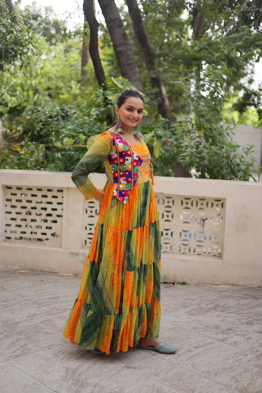 Green Faux Georgette Laheriya Bandhej Print Navratri Gown