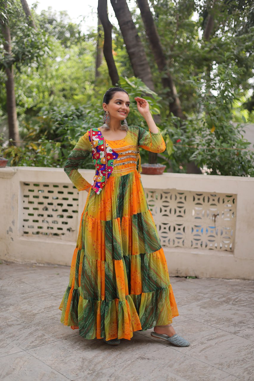 Green Faux Georgette Laheriya Bandhej Print Navratri Gown