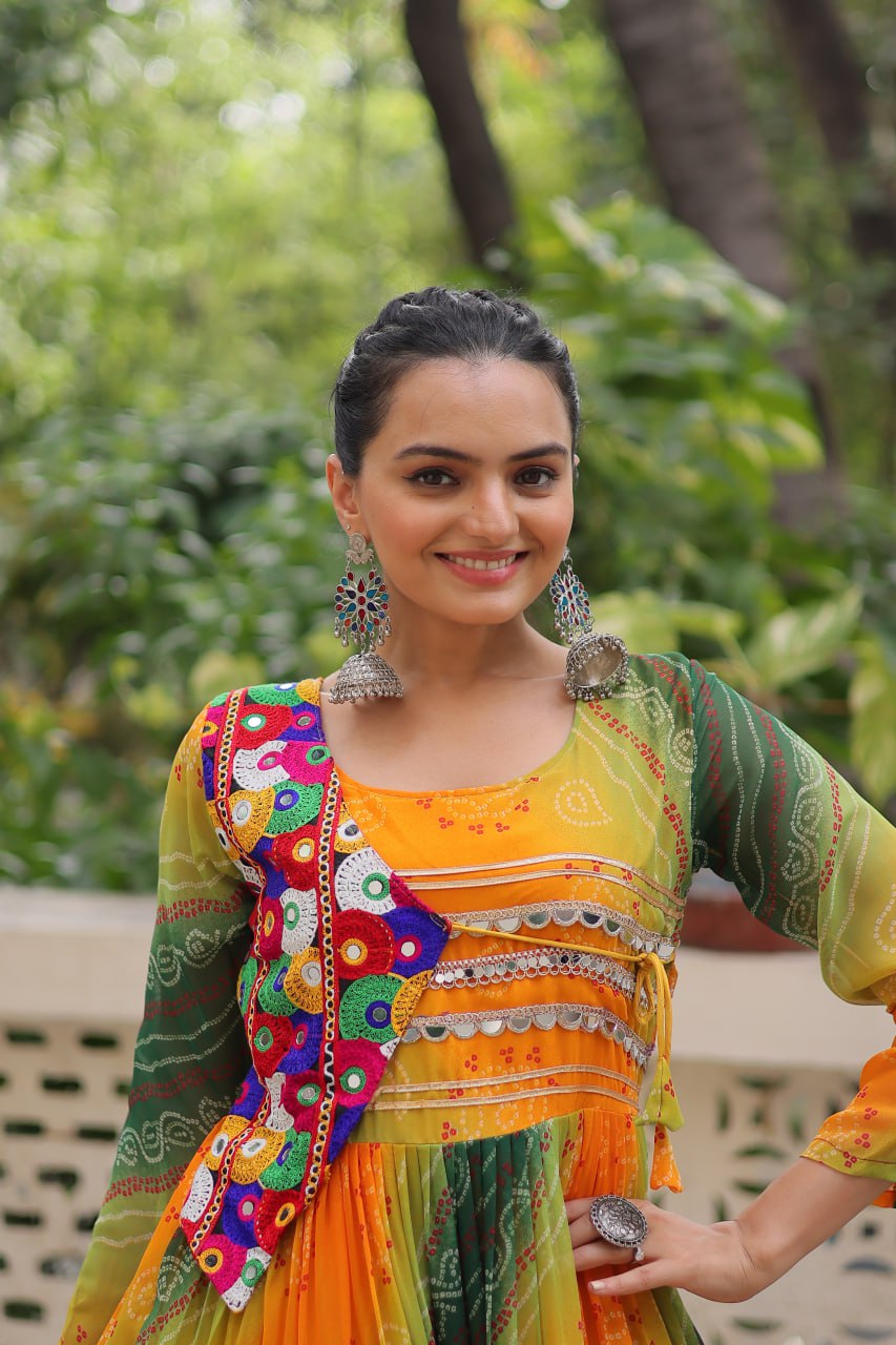 Green Faux Georgette Laheriya Bandhej Print Navratri Gown
