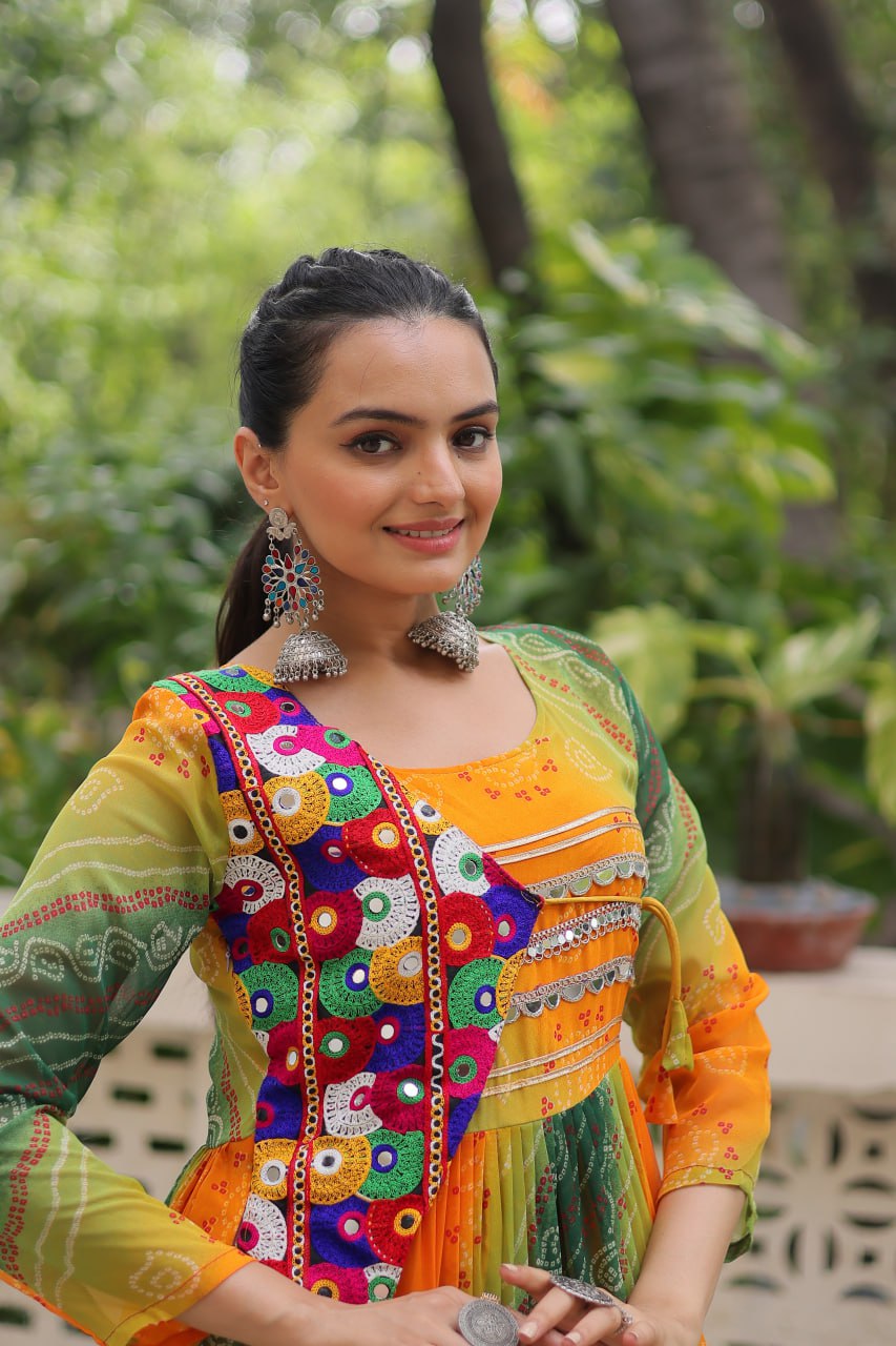 Green Faux Georgette Laheriya Bandhej Print Navratri Gown