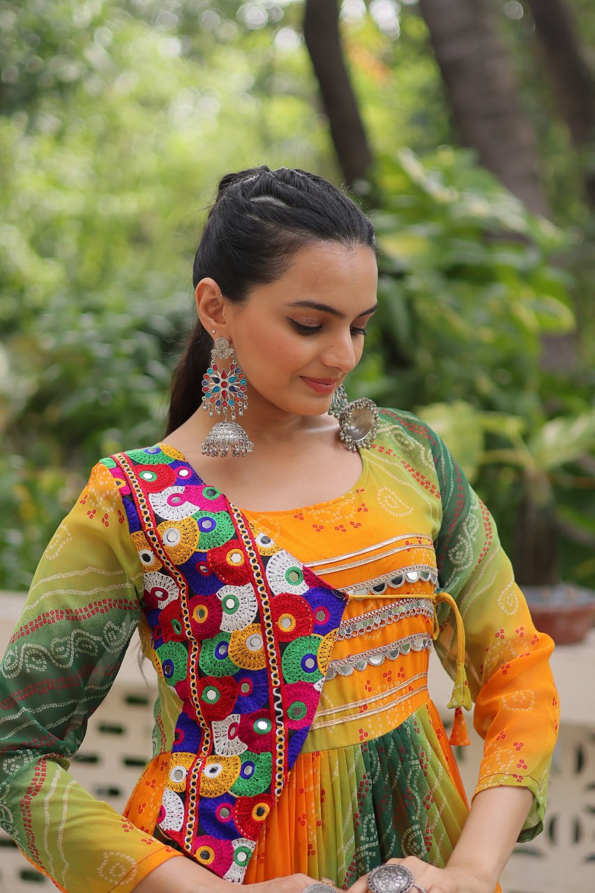 Green Faux Georgette Laheriya Bandhej Print Navratri Gown