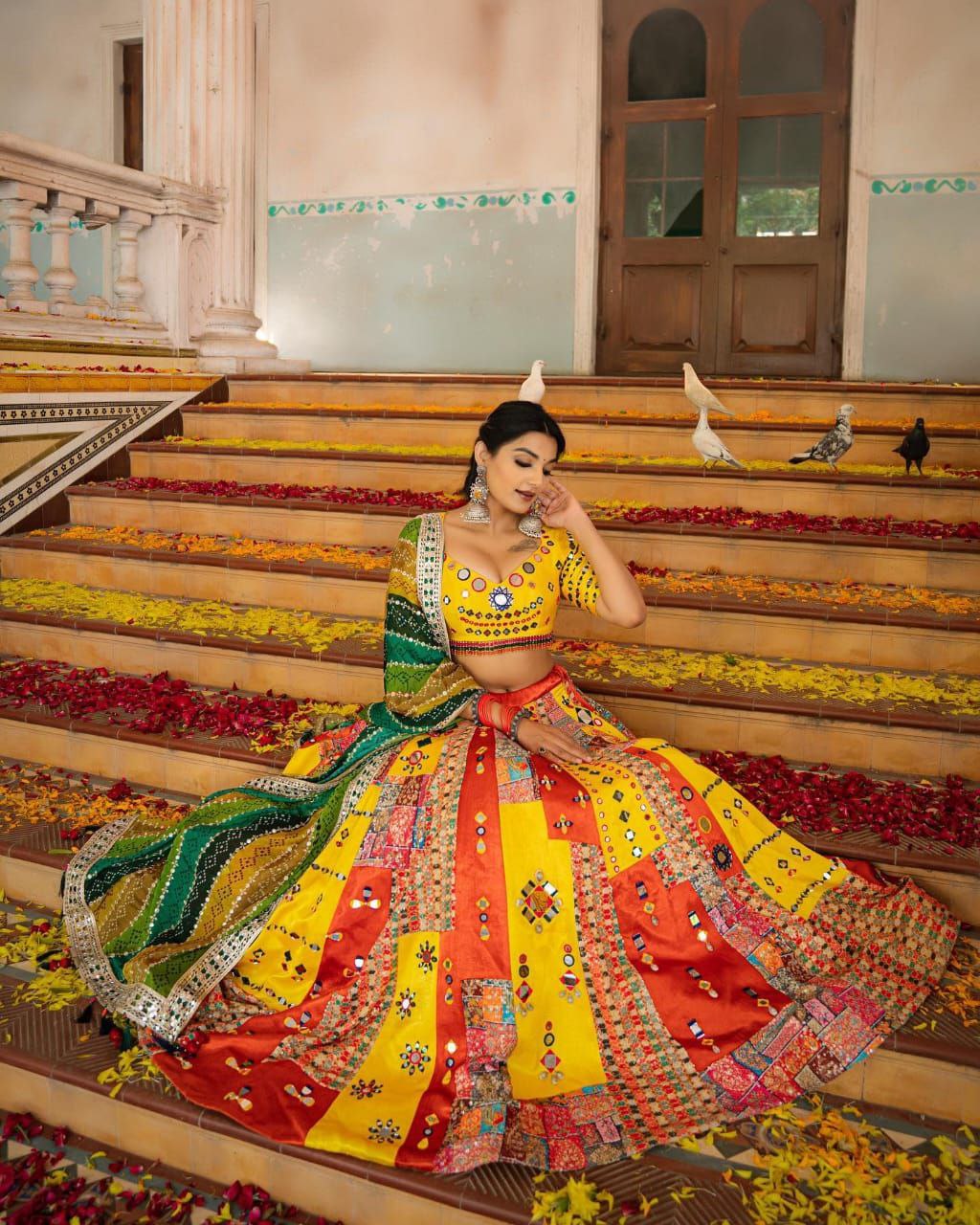 Yellow Multicolor Digital Print Real Mirror Work Navrati Lehenga